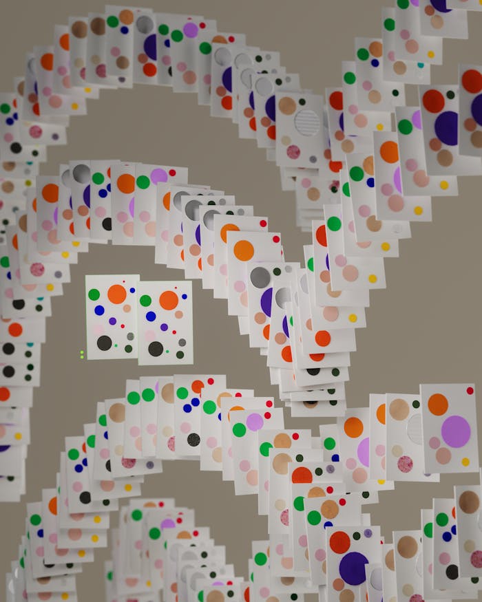 Dynamic display of colorful cards forming an abstract spiral pattern, digitally generated art piece.